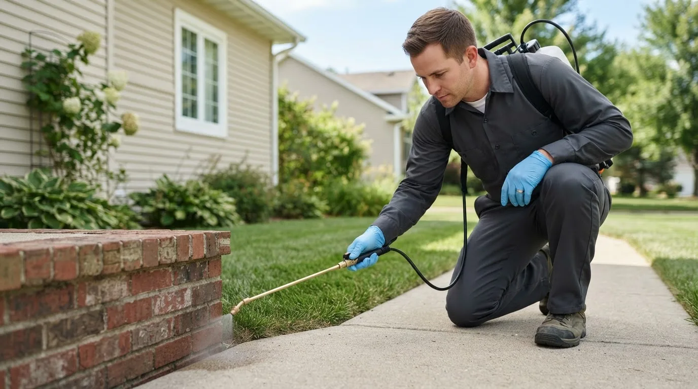 Pest control technician treating a home near Disney, OK