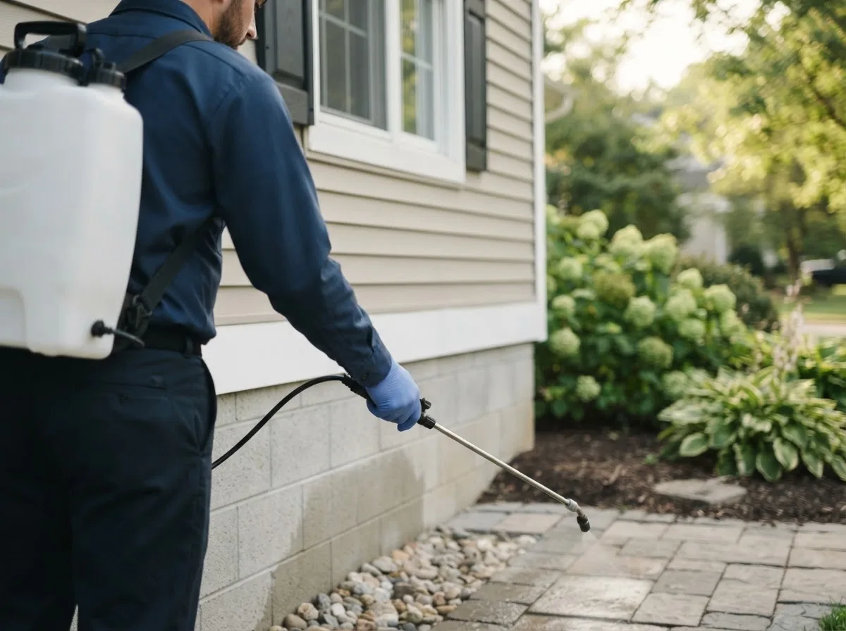 Pest control technician inspecting a home in Disney, OK